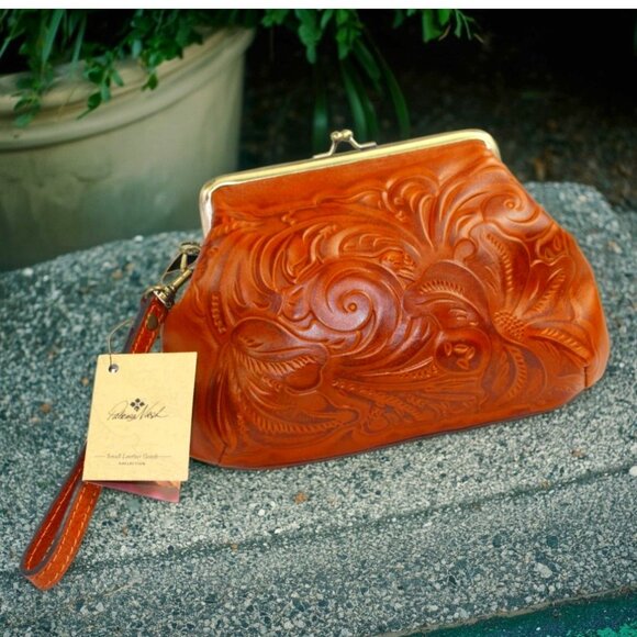 Patricia Nash Savena Burnished Tooled Golden Brown Leather Clutch Wristlet (NWT) - Picture 1 of 7